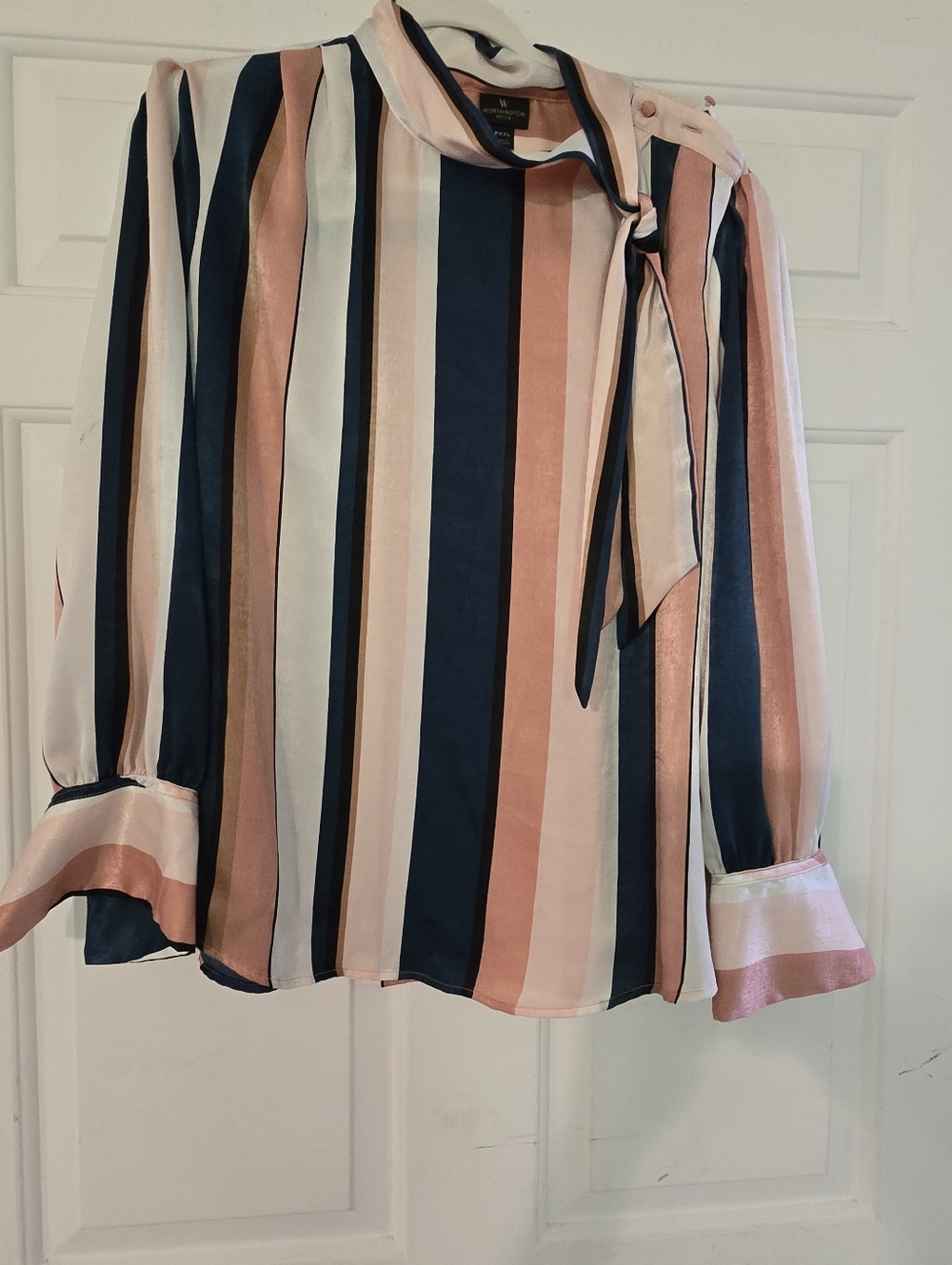 W by Worth Vertical Stripe Tie-Neck Blouse in Pink, Navy & White
